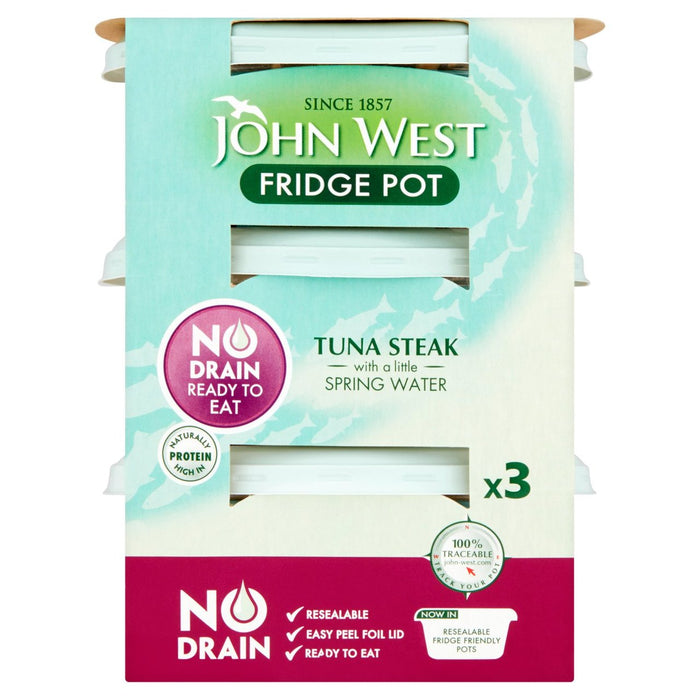 John West kein Abfluss Thunfischsteak -Töpfe mit Quellwasser 3 x 110g