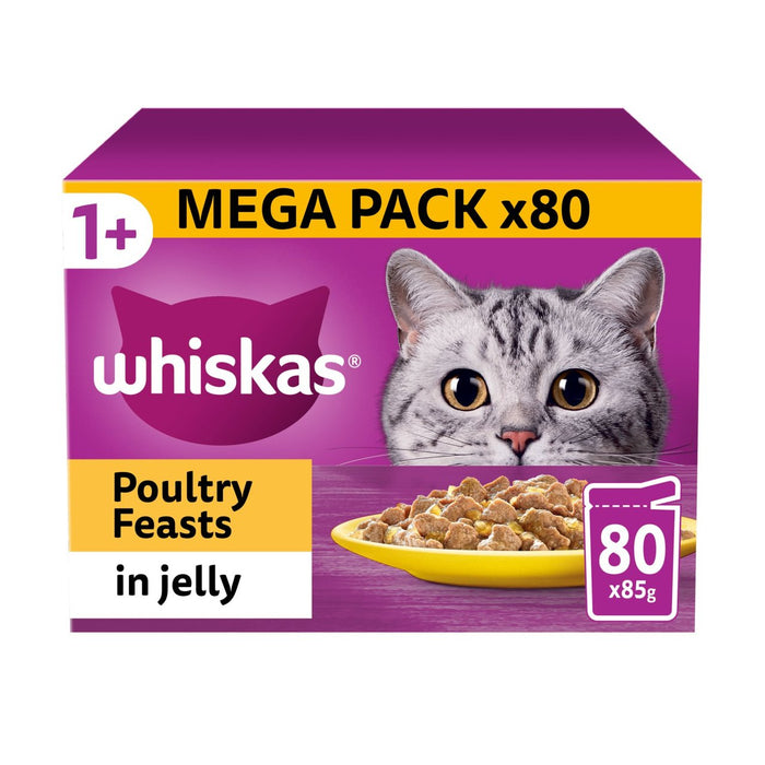 Whiskas 1+ Fiests de aves de corral de comida húmeda para gatos húmedos en gelatina 80 x 85g